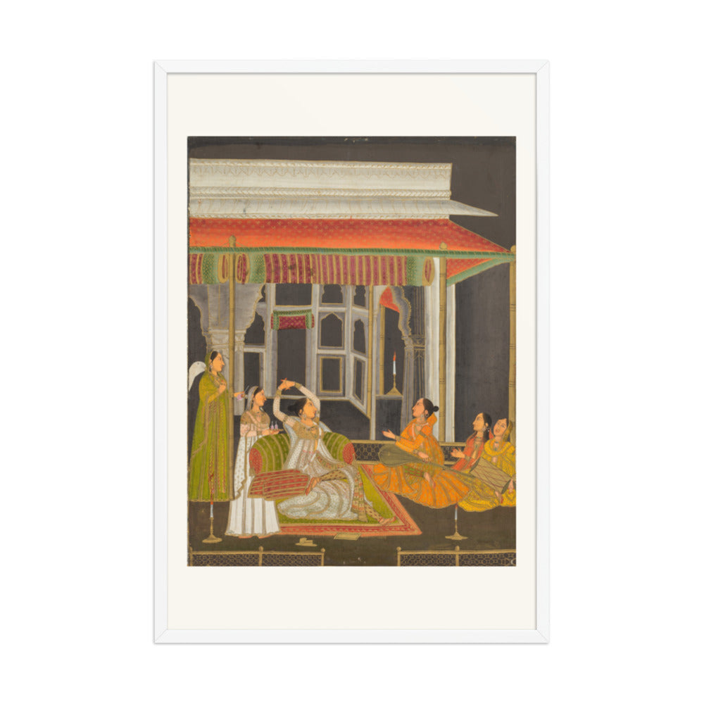 A Princess on a Terrace with Attendants at Night — Restored Mughal Wall Art — view 9