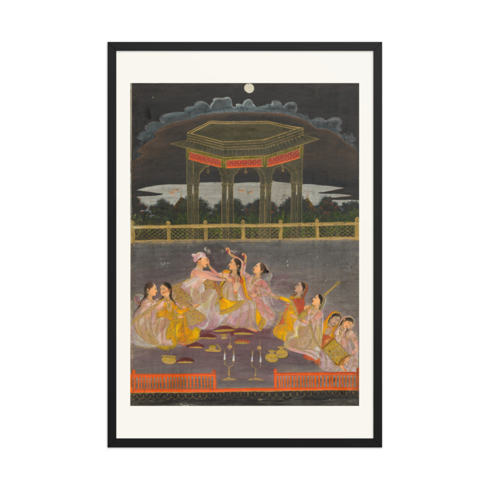A prince celebrating Holi with palace women on a terrace at night — Restored Mughal Wall Art — view 8