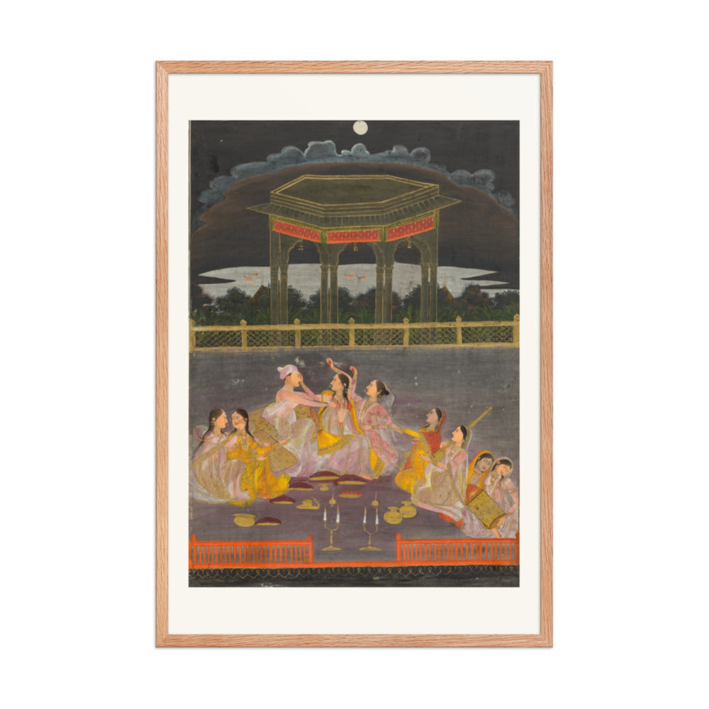 A prince celebrating Holi with palace women on a terrace at night — Restored Mughal Wall Art — view 9