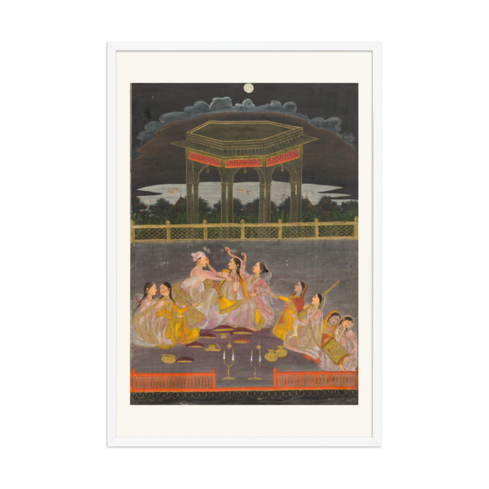 A prince celebrating Holi with palace women on a terrace at night — Restored Mughal Wall Art — view 10