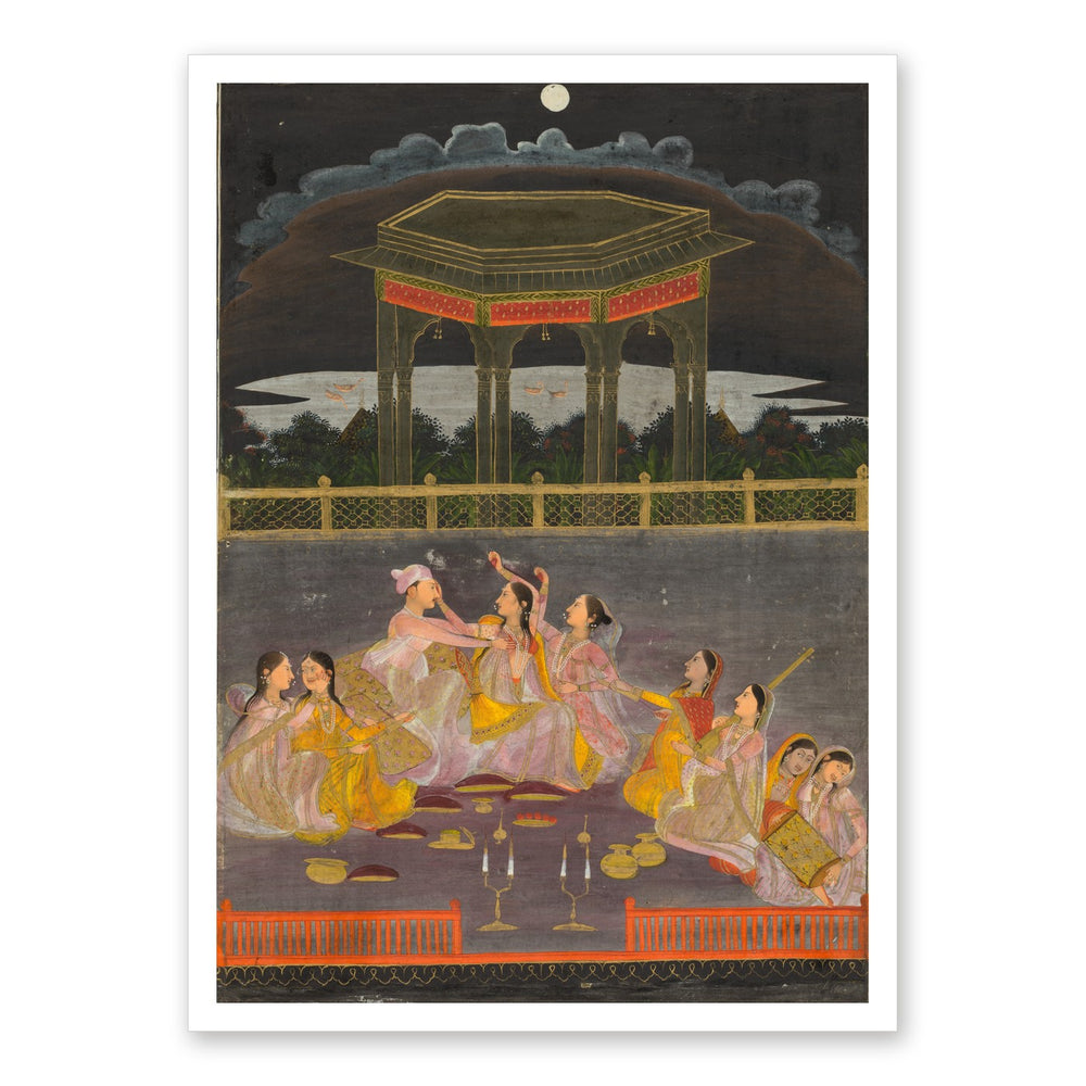 A prince celebrating Holi with palace women on a terrace at night — Restored Mughal Wall Art — view 7