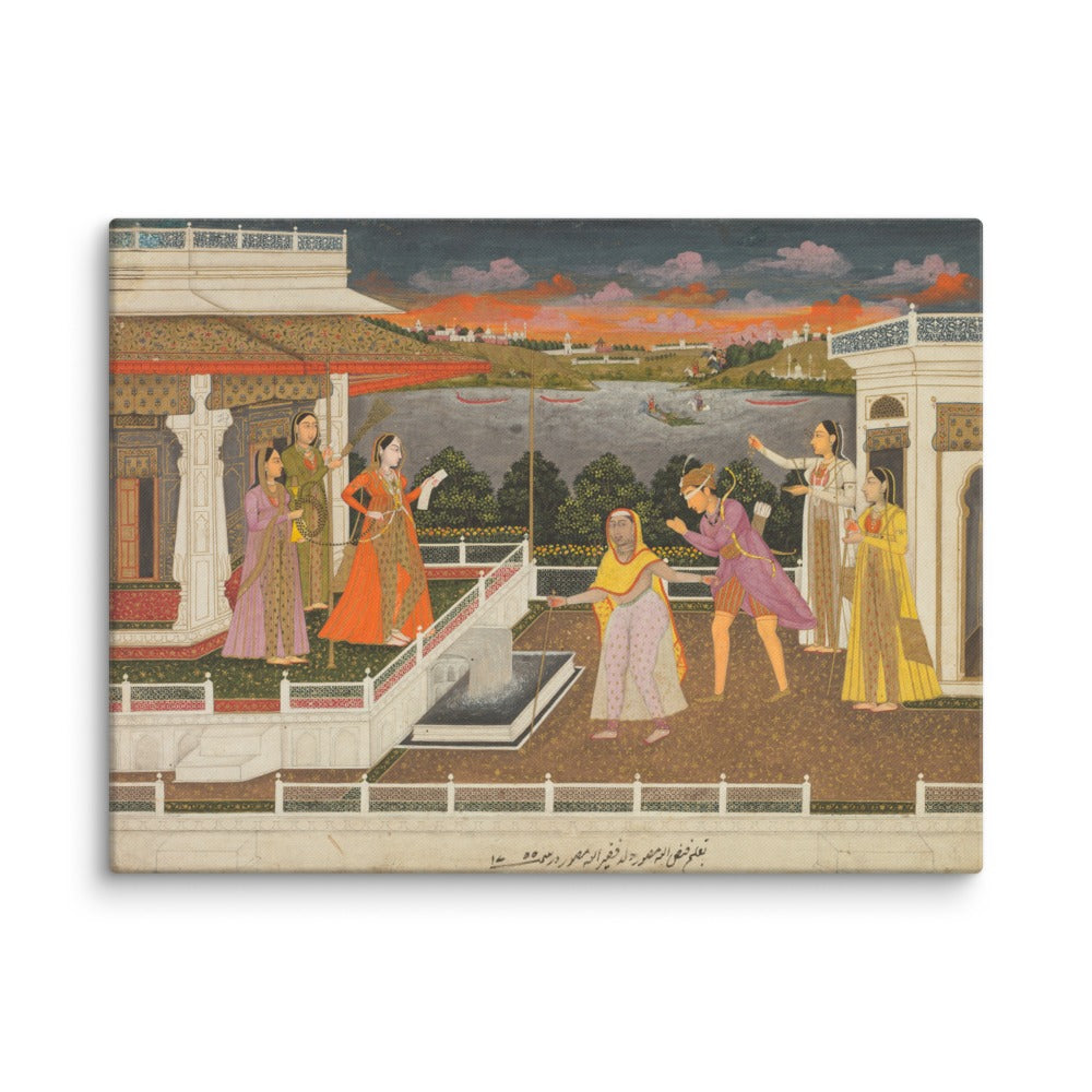 A blindfolded suitor is brought before a princess; verso: scrolling — Restored Mughal Wall Art — view 13