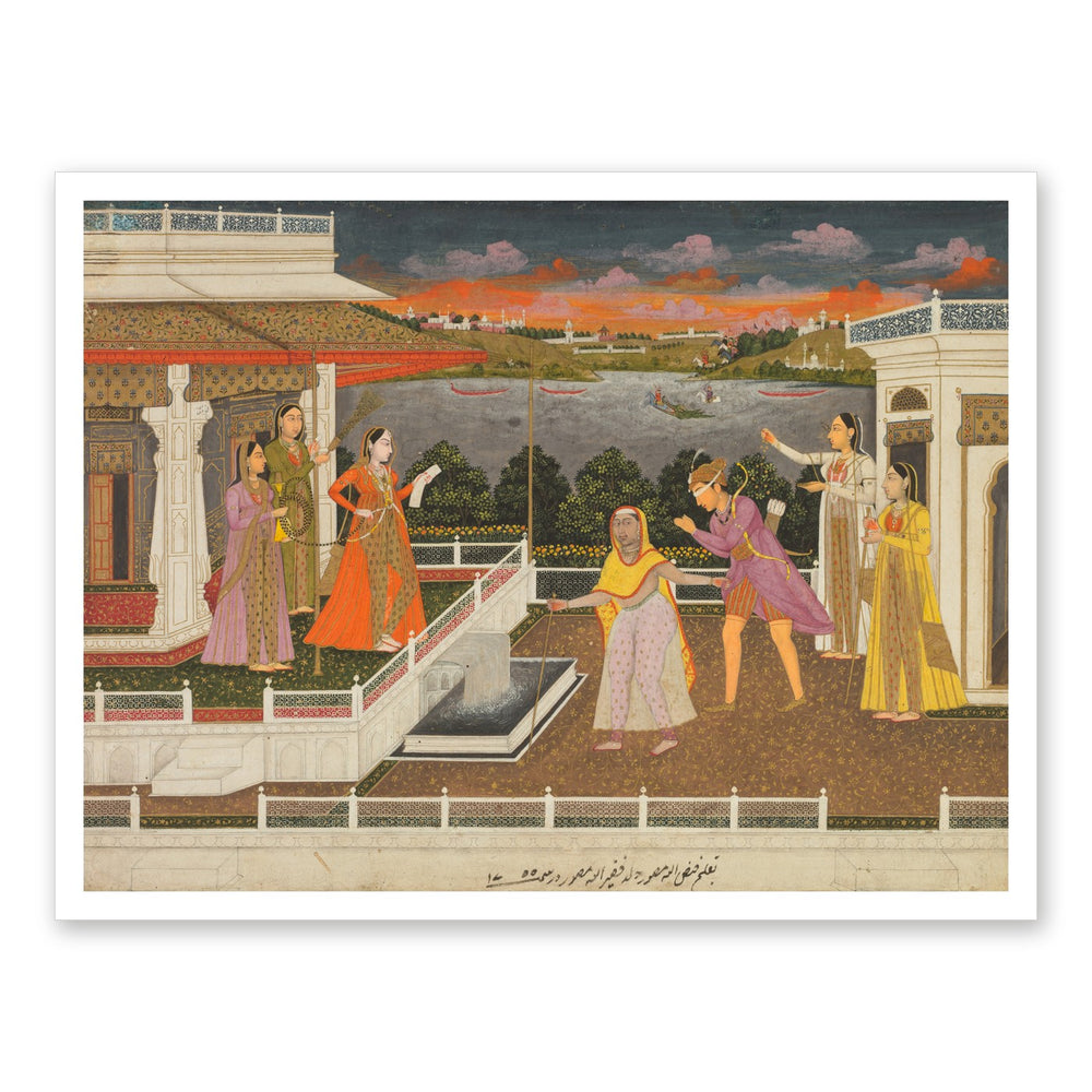 A blindfolded suitor is brought before a princess; verso: scrolling — Restored Mughal Wall Art — view 7