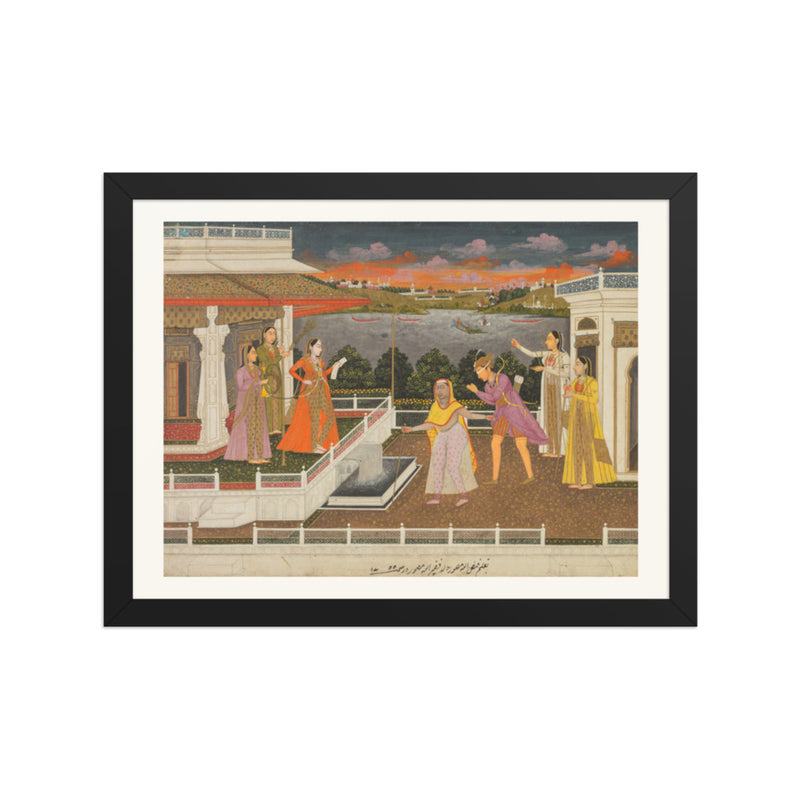 A blindfolded suitor is brought before a princess; verso: scrolling — Restored Mughal Wall Art