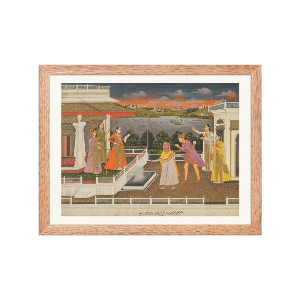 A blindfolded suitor is brought before a princess; verso: scrolling — Restored Mughal Wall Art — view 2