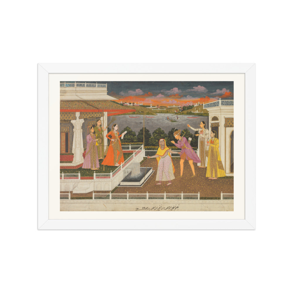 A blindfolded suitor is brought before a princess; verso: scrolling — Restored Mughal Wall Art — view 3