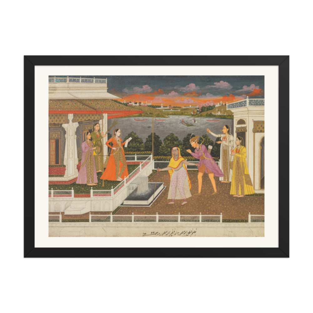 A blindfolded suitor is brought before a princess; verso: scrolling — Restored Mughal Wall Art — view 4