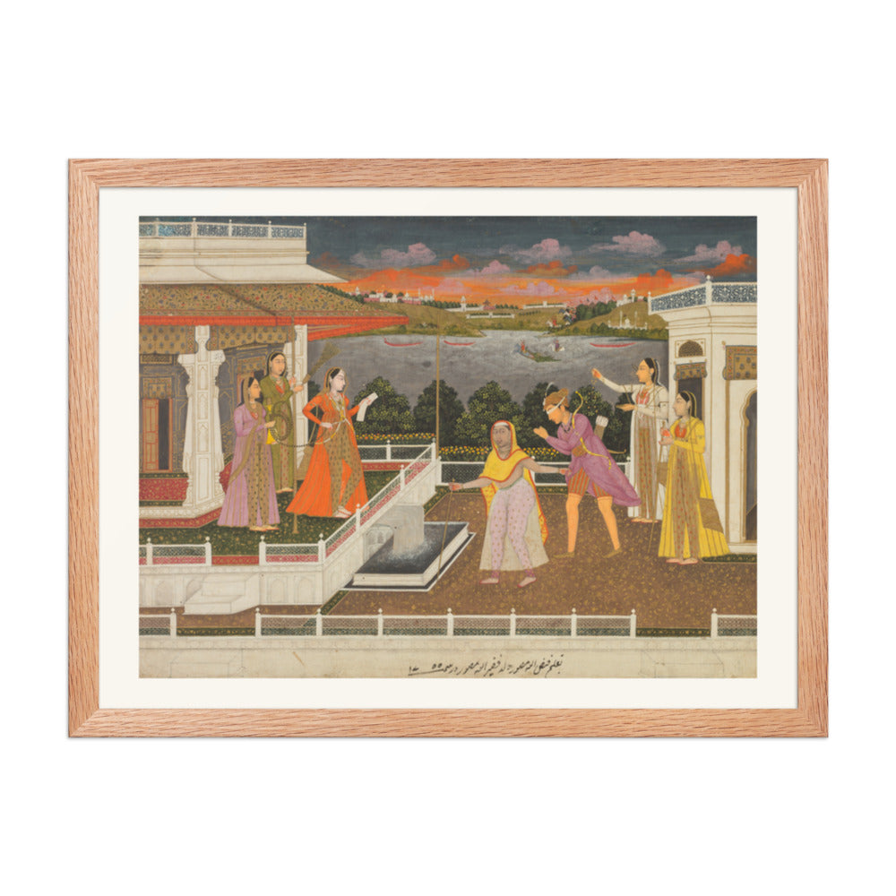 A blindfolded suitor is brought before a princess; verso: scrolling — Restored Mughal Wall Art — view 5