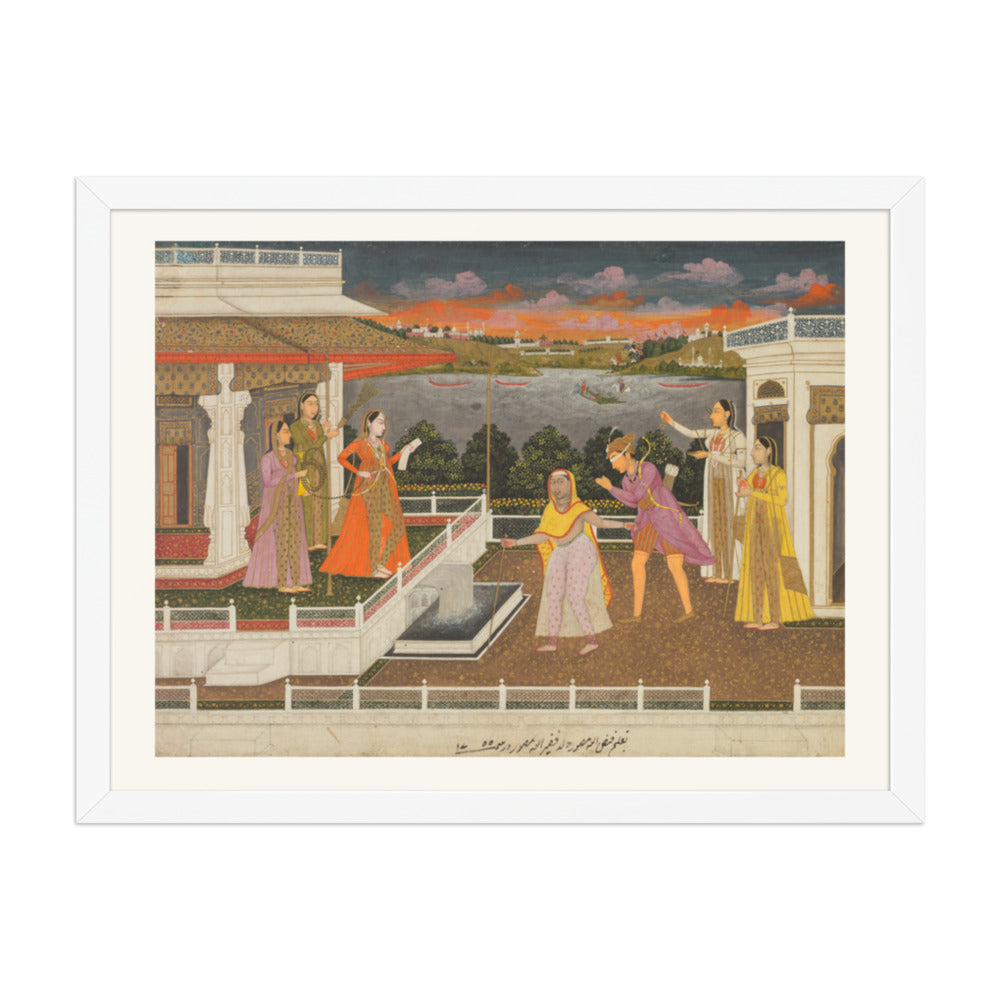 A blindfolded suitor is brought before a princess; verso: scrolling — Restored Mughal Wall Art — view 6