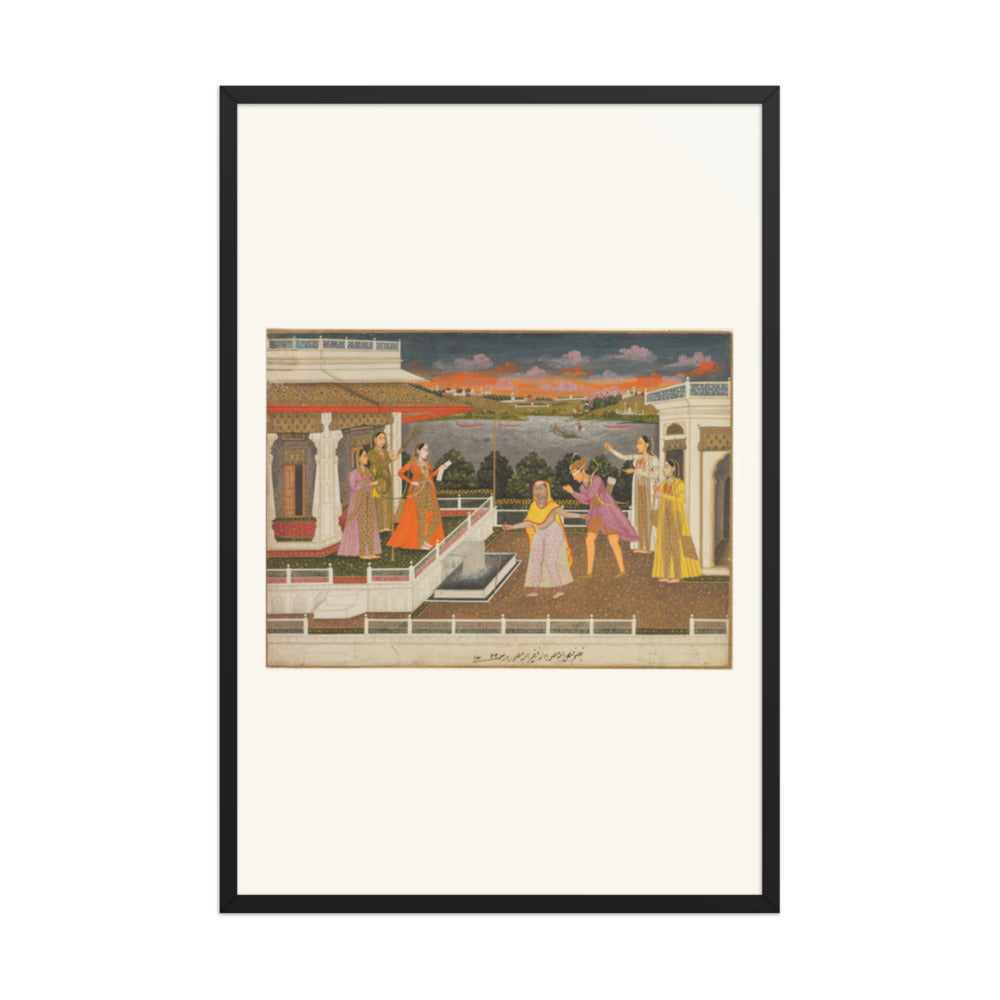 A blindfolded suitor is brought before a princess; verso: scrolling — Restored Mughal Wall Art — view 7