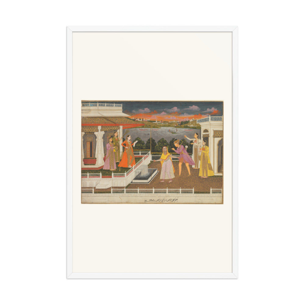 A blindfolded suitor is brought before a princess; verso: scrolling — Restored Mughal Wall Art — view 9