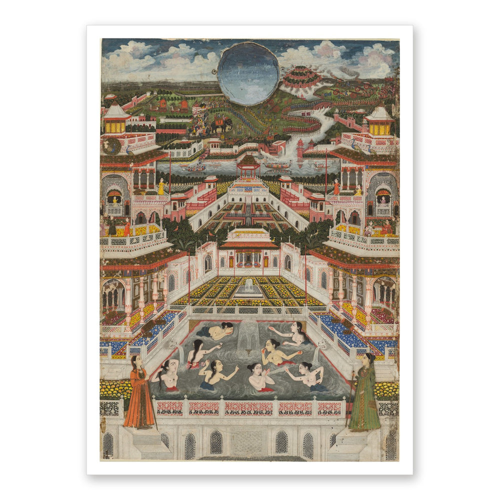 Women Bathing before a Palace Panorama, by Fayzullah — Restored Mughal Wall Art — view 7