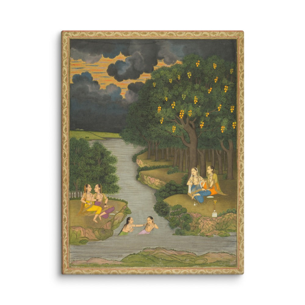Women enjoying the river at the forest’s edge — Restored Mughal Wall Art — view 13