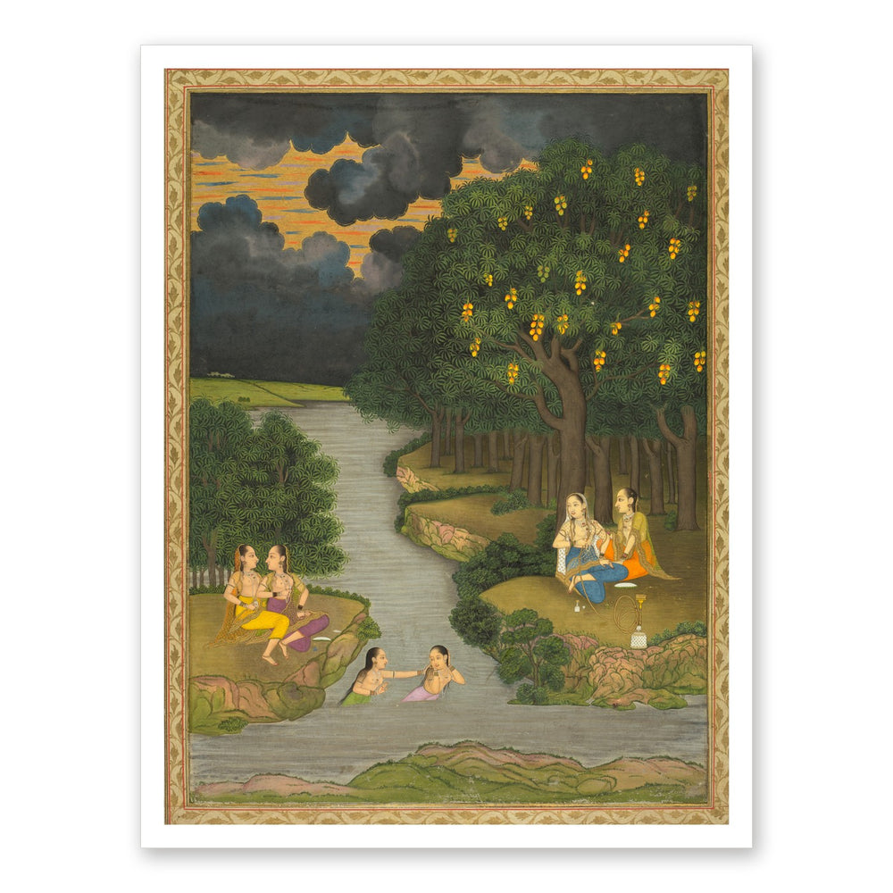 Women enjoying the river at the forest’s edge — Restored Mughal Wall Art — view 7