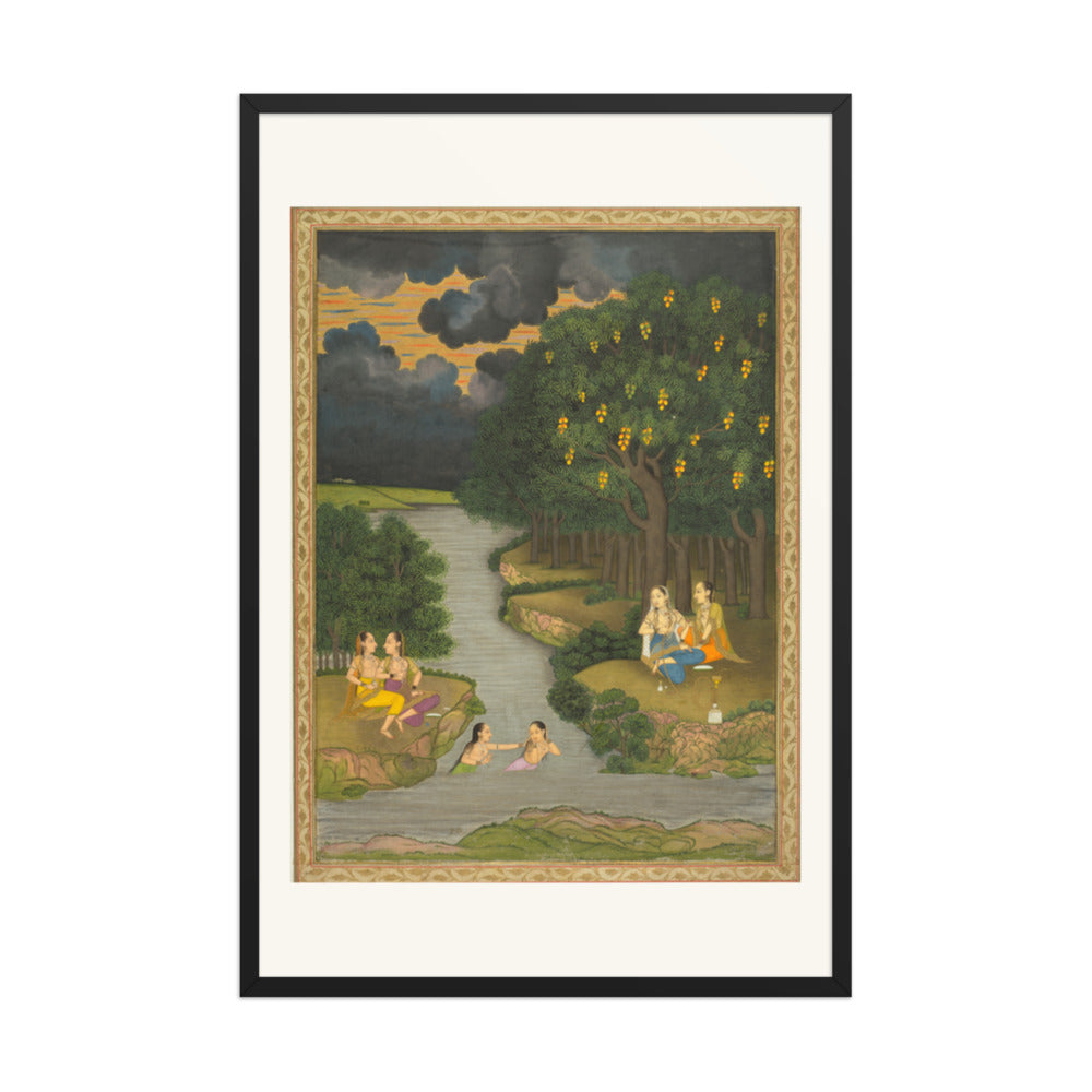 Women enjoying the river at the forest’s edge — Restored Mughal Wall Art — view 7