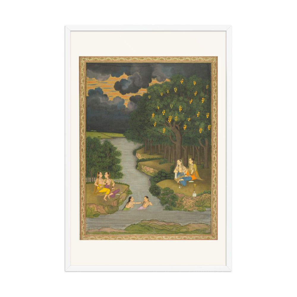 Women enjoying the river at the forest’s edge — Restored Mughal Wall Art — view 9