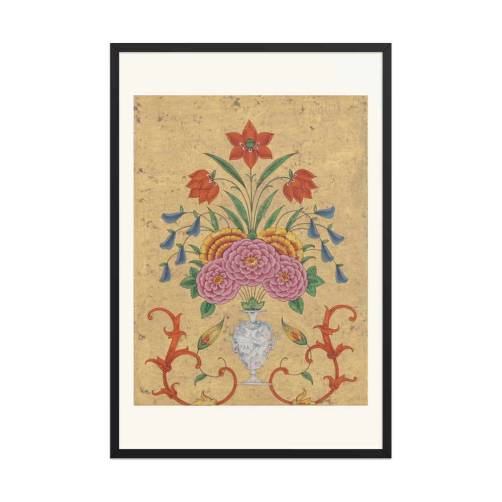 Vase with flower arrangement and scrollwork — Restored Mughal Wall Art — view 8