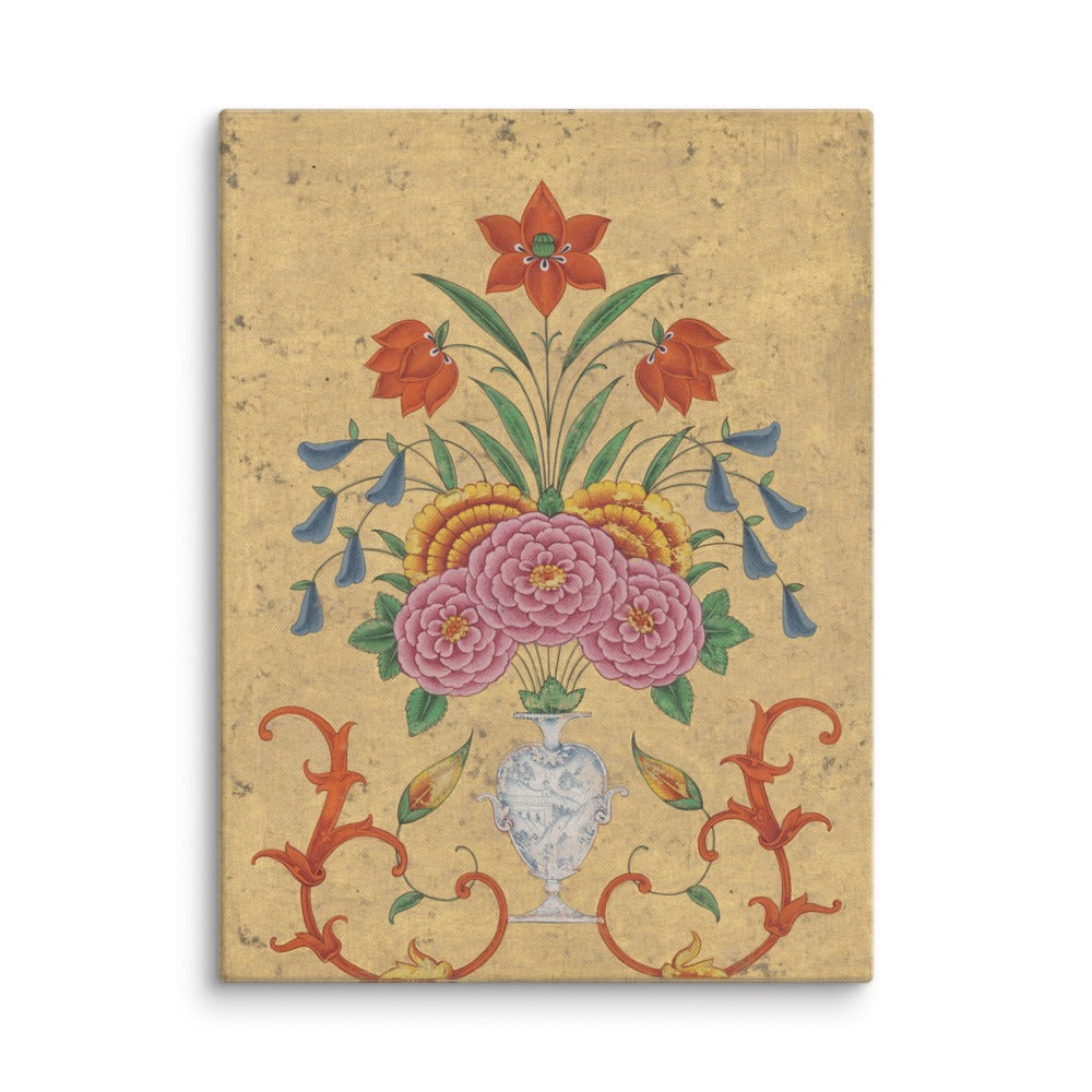 Vase with flower arrangement and scrollwork — Restored Mughal Wall Art — view 13