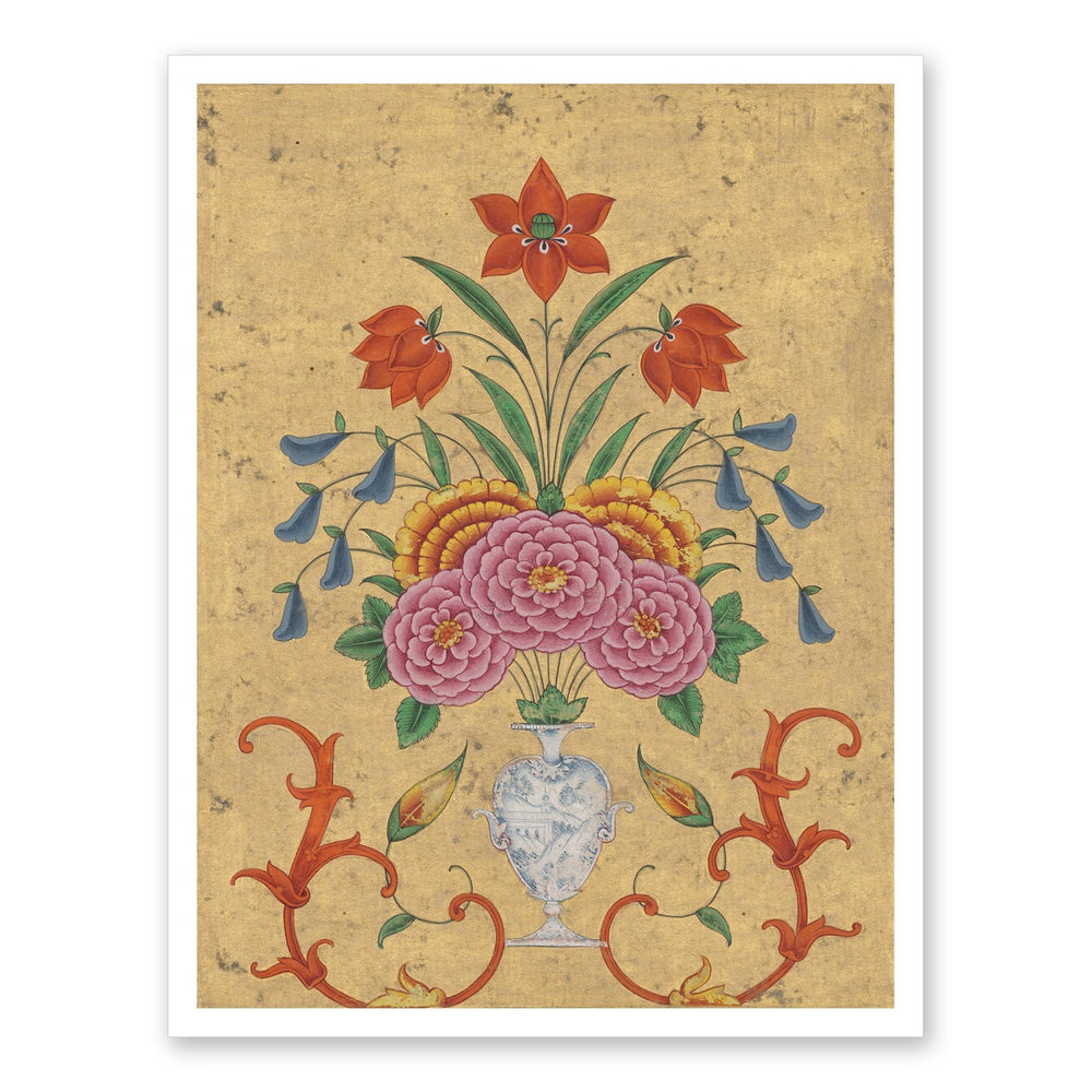 Vase with flower arrangement and scrollwork — Restored Mughal Wall Art — view 7