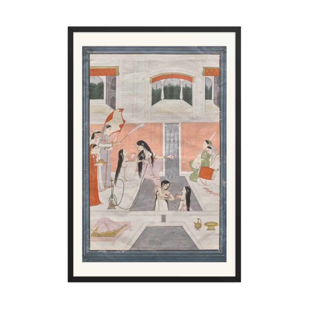 Palace women enjoy music by the side of a cascade — Restored Pahari Wall Art — view 8