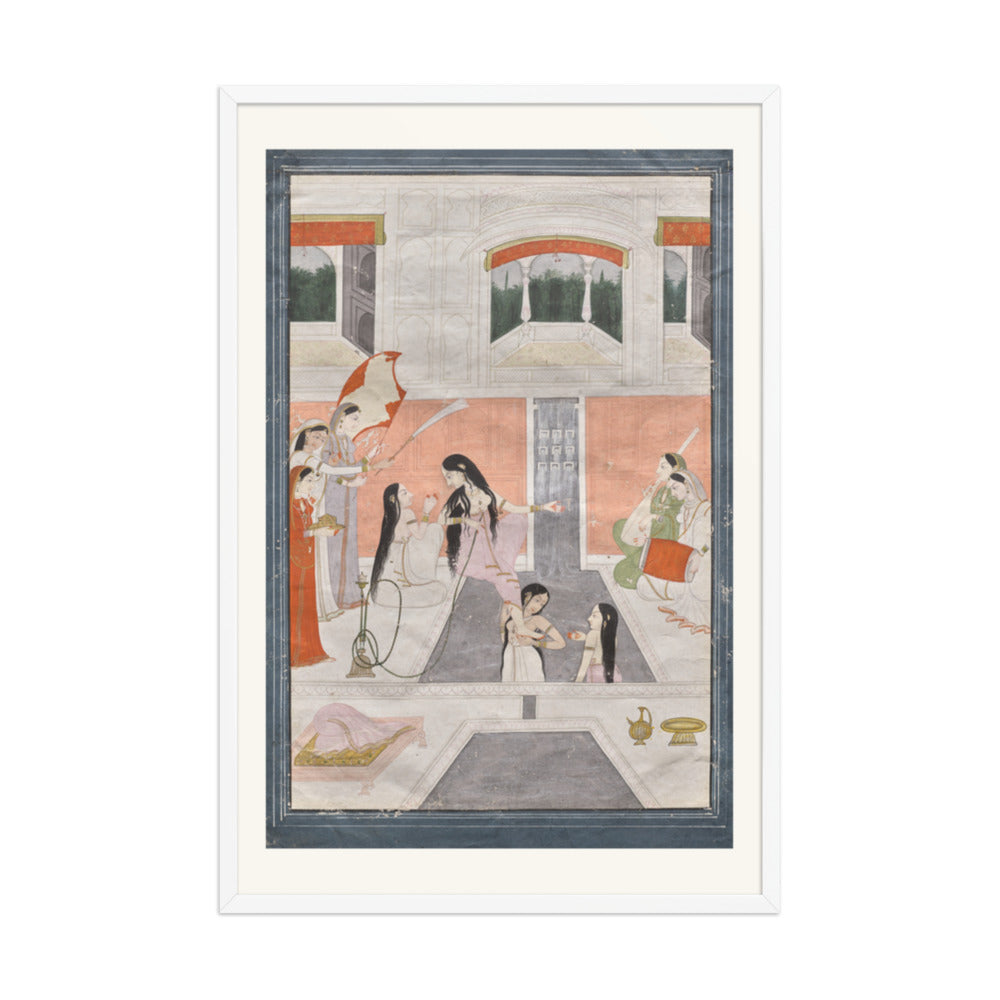 Palace women enjoy music by the side of a cascade — Restored Pahari Wall Art — view 10