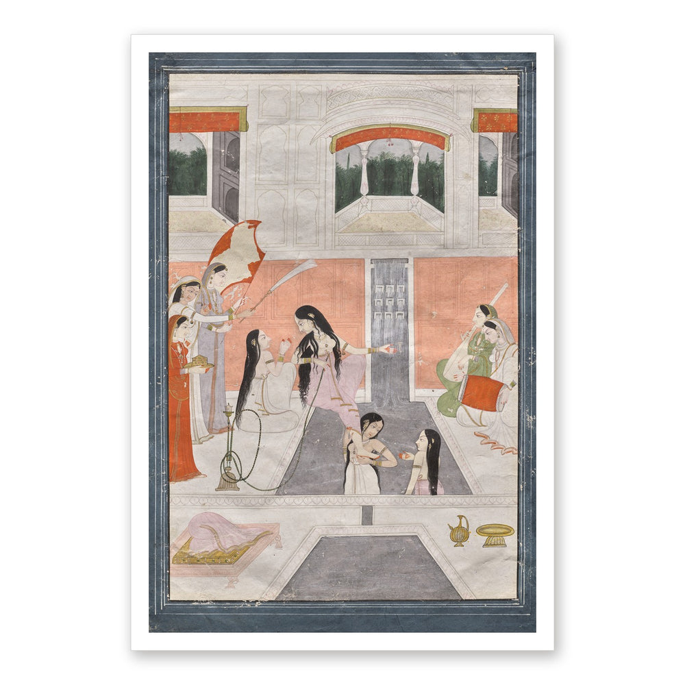 Palace women enjoy music by the side of a cascade — Restored Pahari Wall Art — view 7
