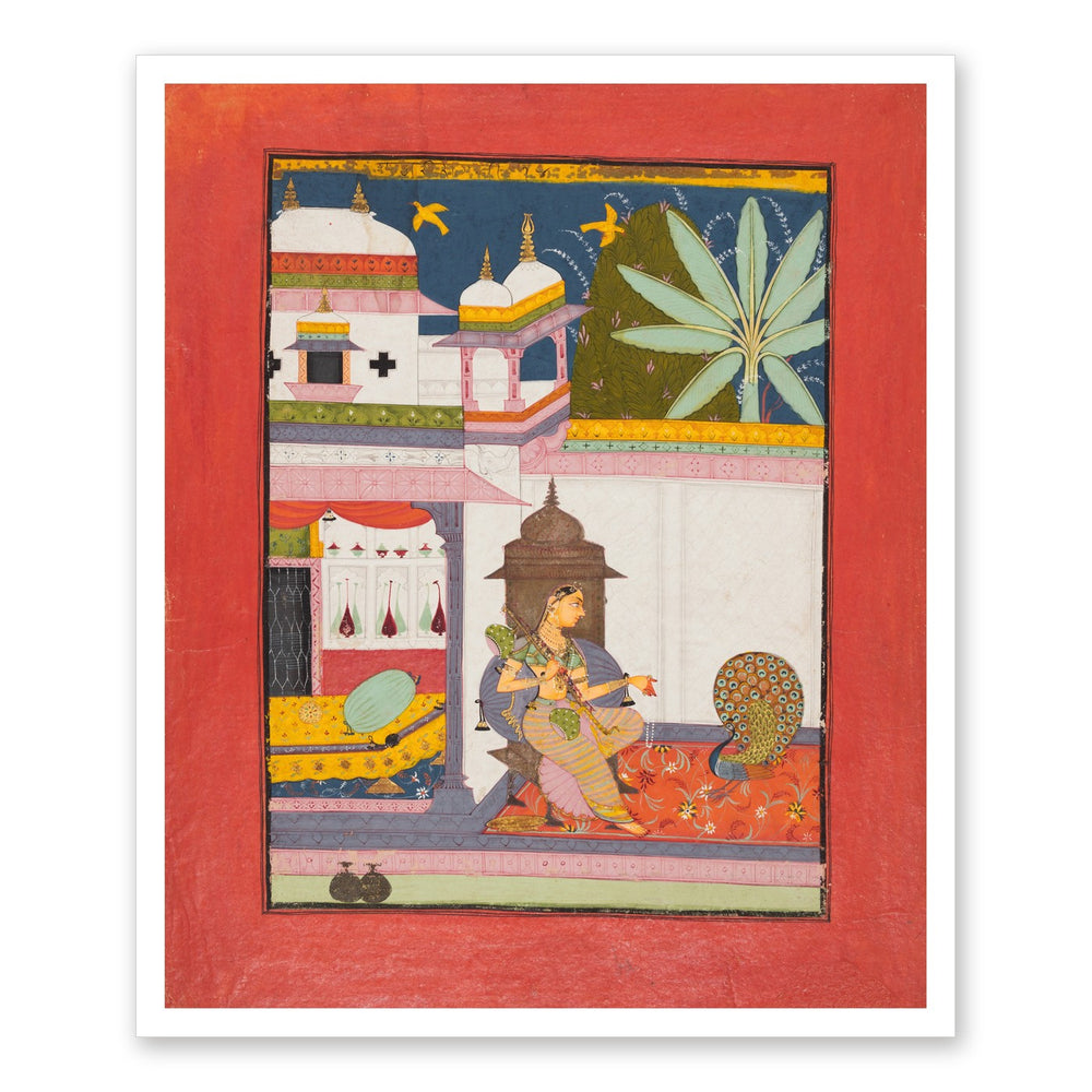 Woman Addressing a Peacock: Gujari Ragini of Megh, from a Ragamala — Restored Rajput Wall Art — view 7