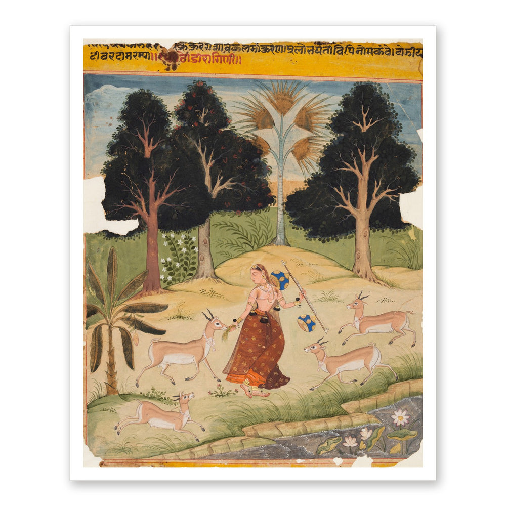 Woman Feeding Deer: Todi Ragini, from a Ragamala — Restored Rajput Wall Art — view 7