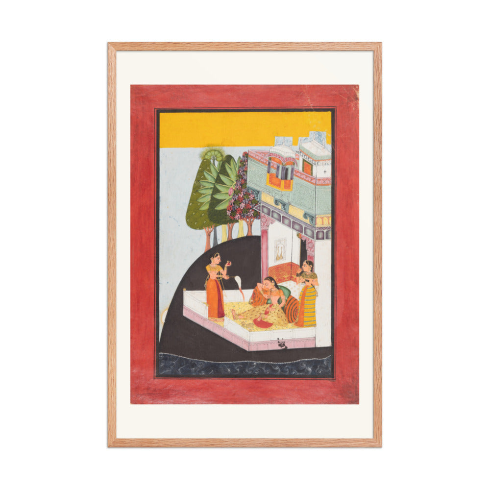 A Disconsolate Lady on a Terrace with Attendants — Restored Rajput Wall Art — view 9