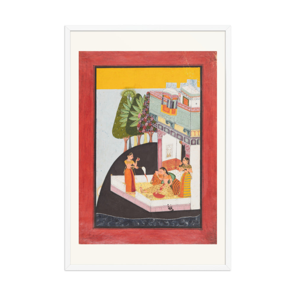 A Disconsolate Lady on a Terrace with Attendants — Restored Rajput Wall Art — view 10