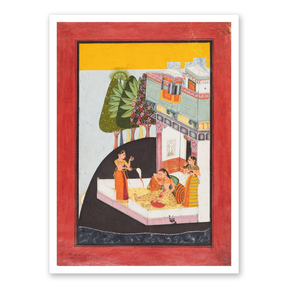 A Disconsolate Lady on a Terrace with Attendants — Restored Rajput Wall Art — view 7