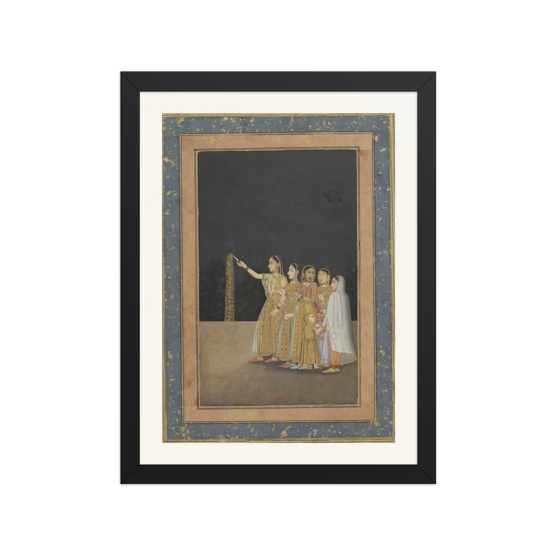 Court Ladies Playing with Fireworks — Restored Mughal Wall Art
