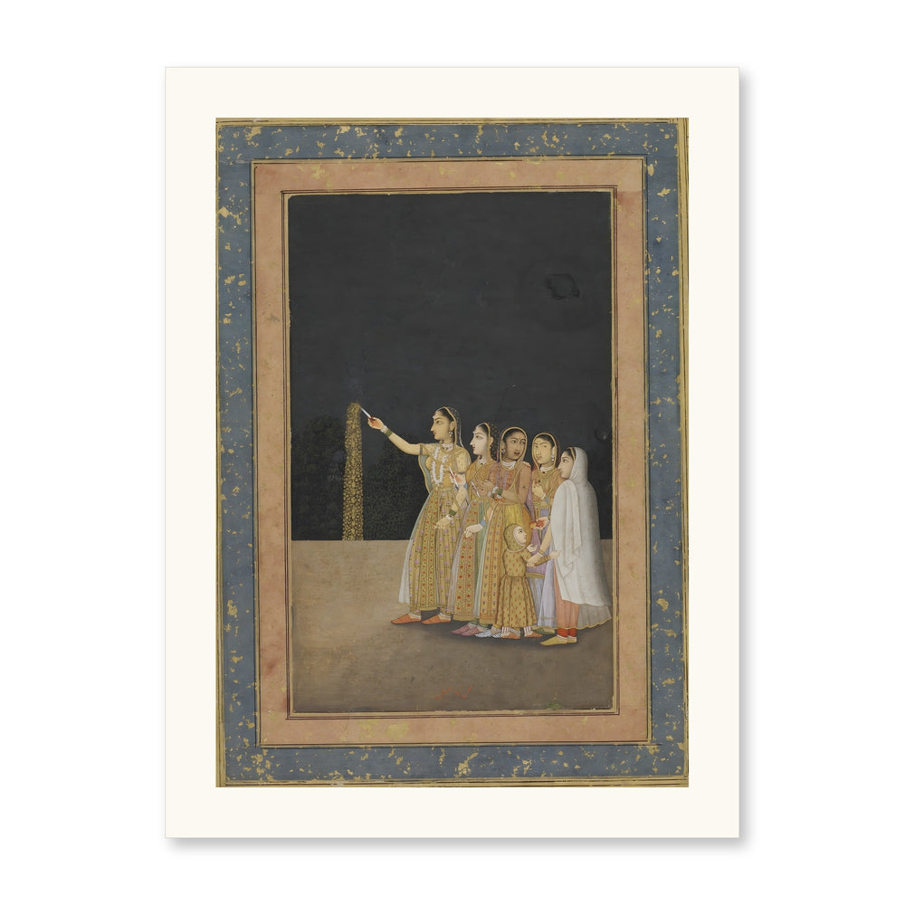 Court Ladies Playing with Fireworks — Restored Mughal Wall Art — view 7