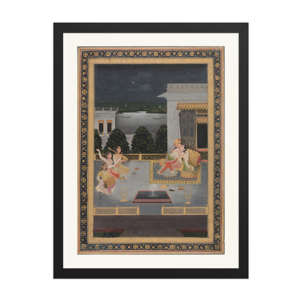 Lovers on a Terrace by Night — Restored Mughal Wall Art — view 4