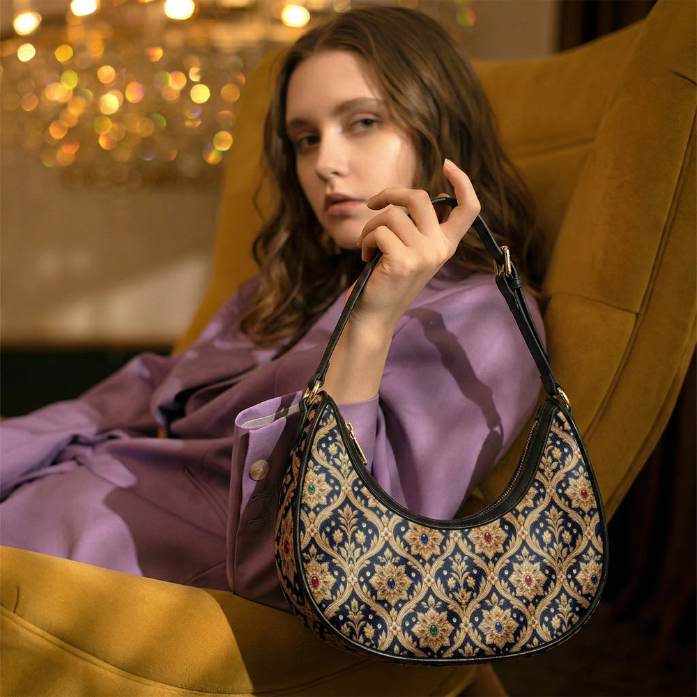 Zardozi Midnight — Navy & Gold Crescent Shoulder Bag — view 17