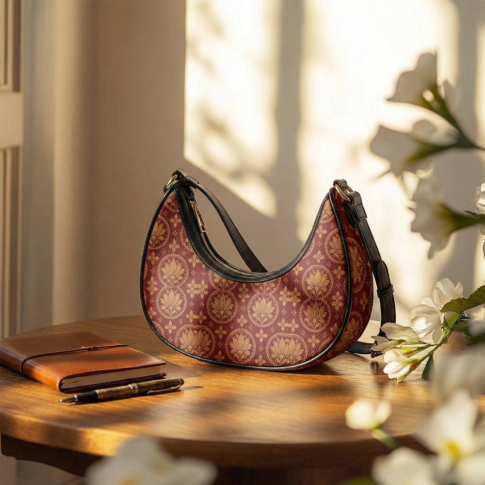 Bagru Lotus — Madder Red Crescent Shoulder Bag — view 11