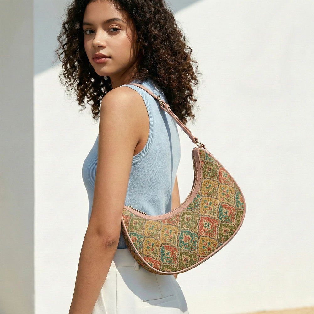 Mehrab Block Print — Ochre & Teal Crescent Shoulder Bag — view 14