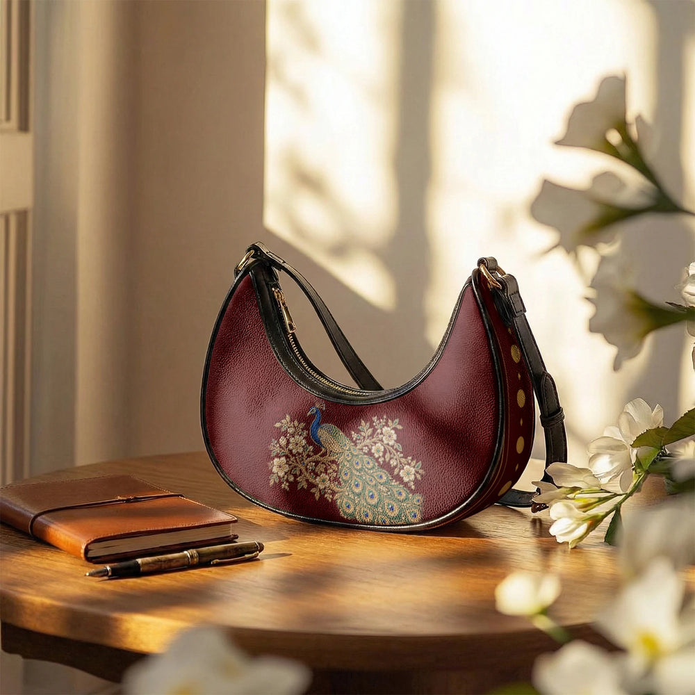 Zardozi Peacock — Maroon & Gold Crescent Shoulder Bag — view 12