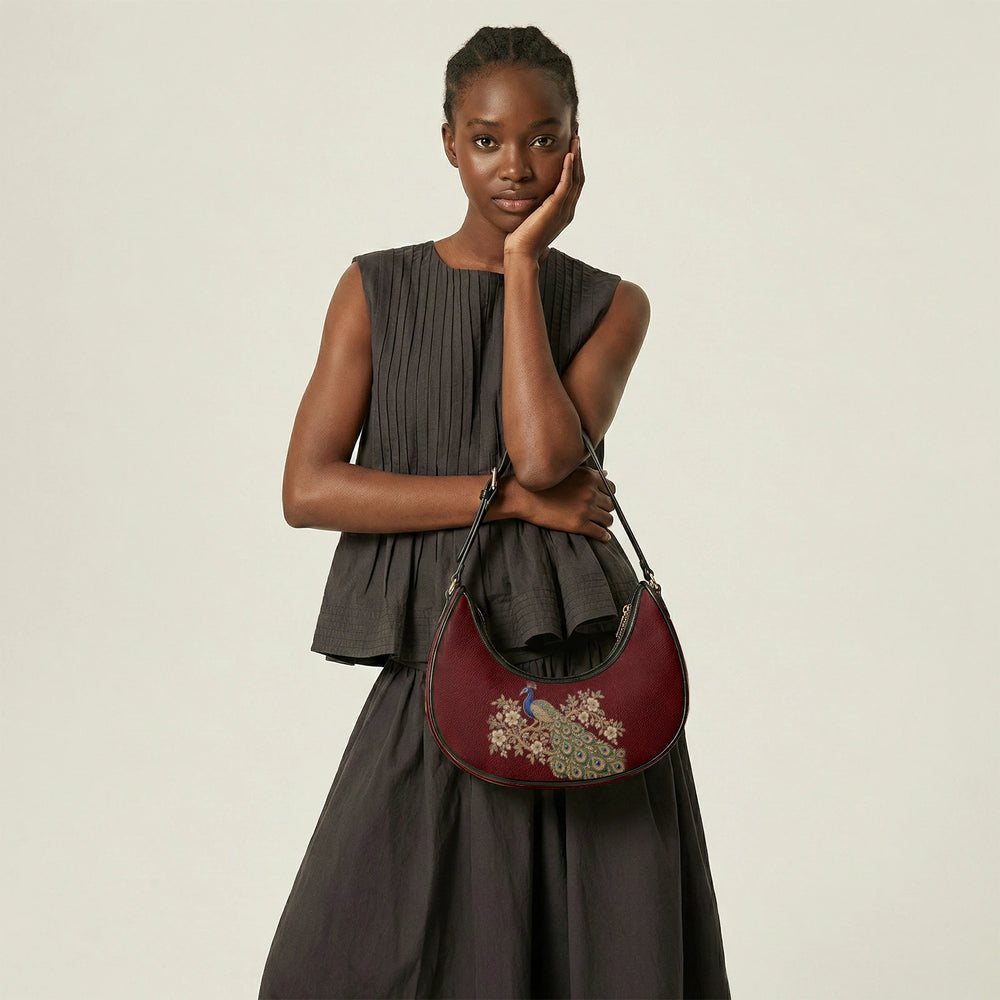 Zardozi Peacock — Maroon & Gold Crescent Shoulder Bag — view 16