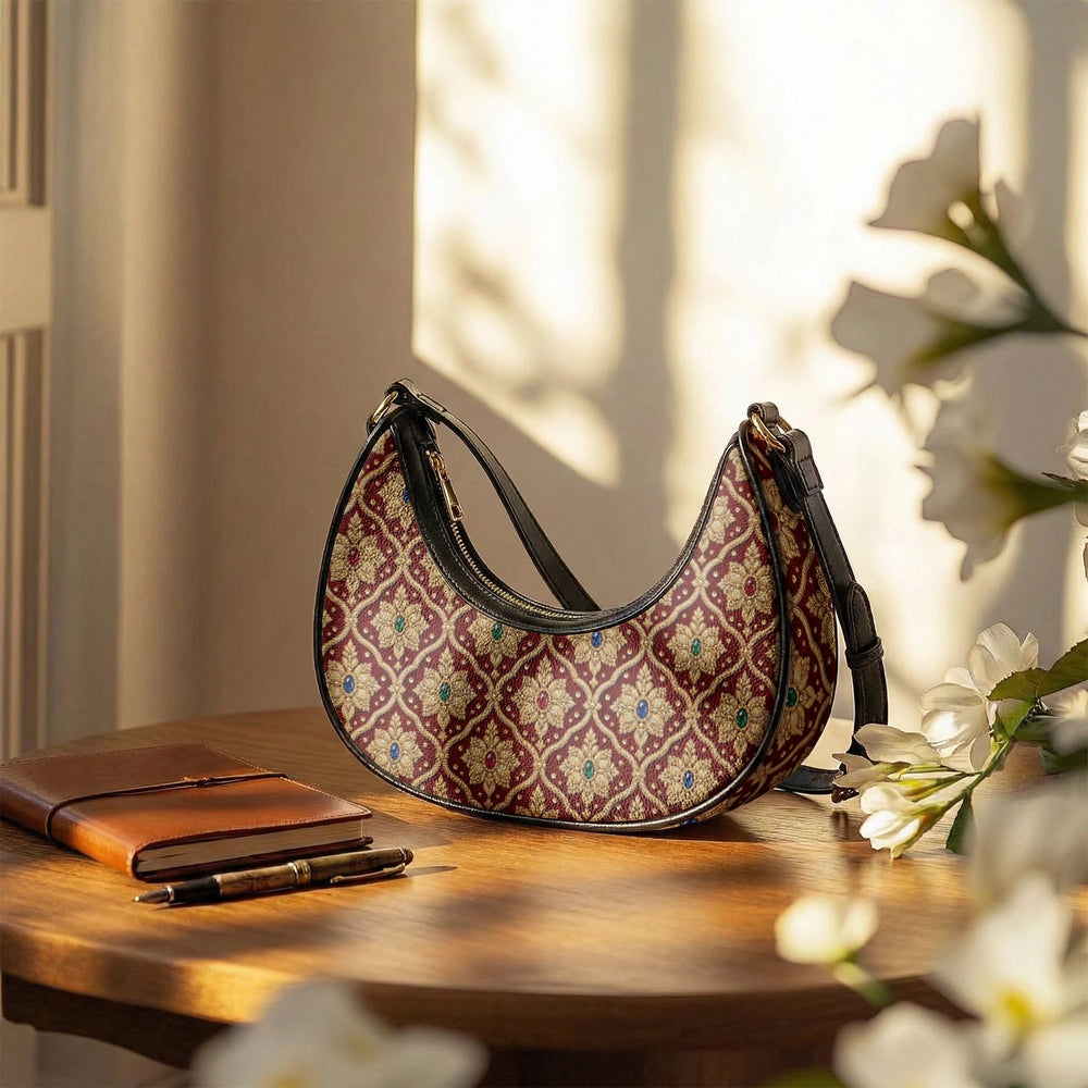 Shahi Zardozi — Wine & Gold Crescent Shoulder Bag — view 12