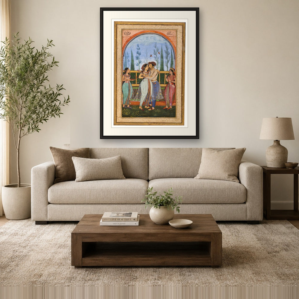 Emperor Jahangir Embracing Nur Jahan by Govardhan | Restored Mughal Wall Art — view 2