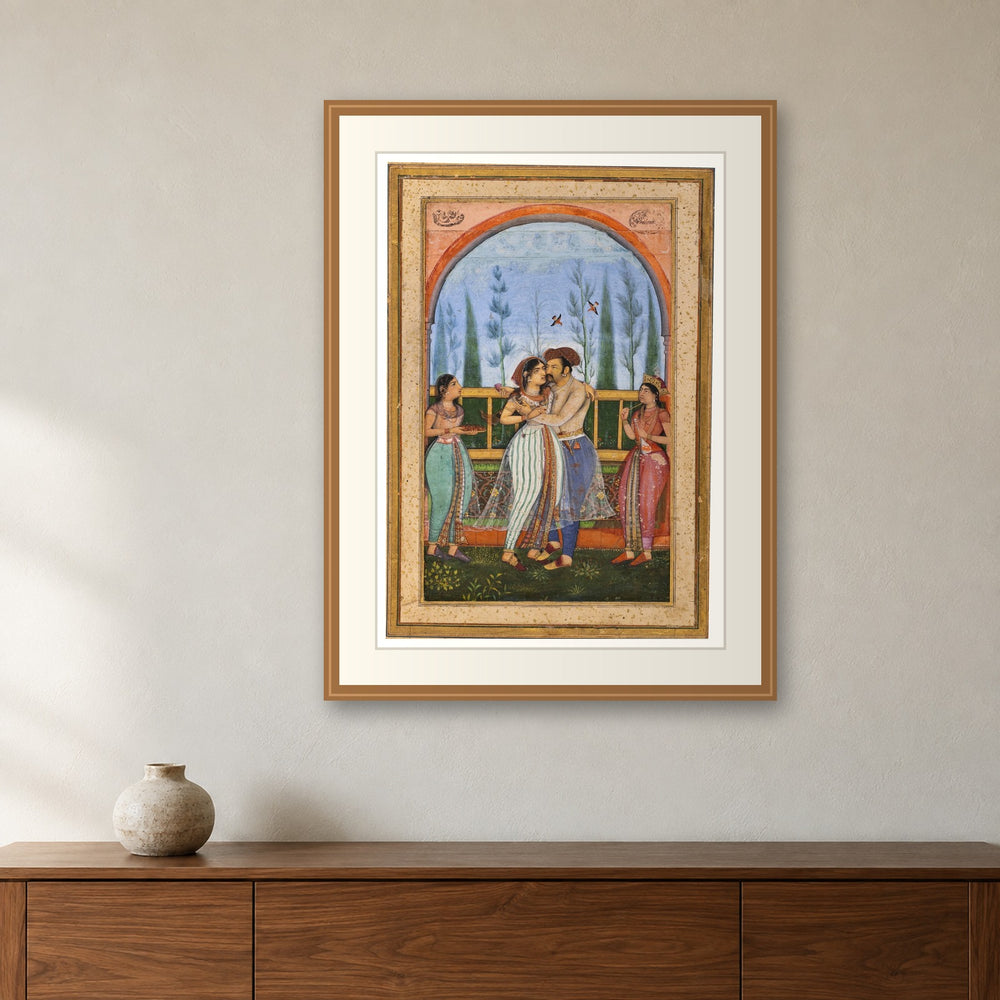 Emperor Jahangir Embracing Nur Jahan by Govardhan | Restored Mughal Wall Art — view 3