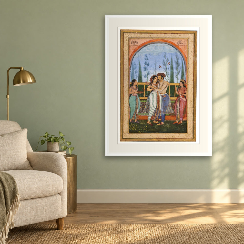 Emperor Jahangir Embracing Nur Jahan by Govardhan | Restored Mughal Wall Art — view 4