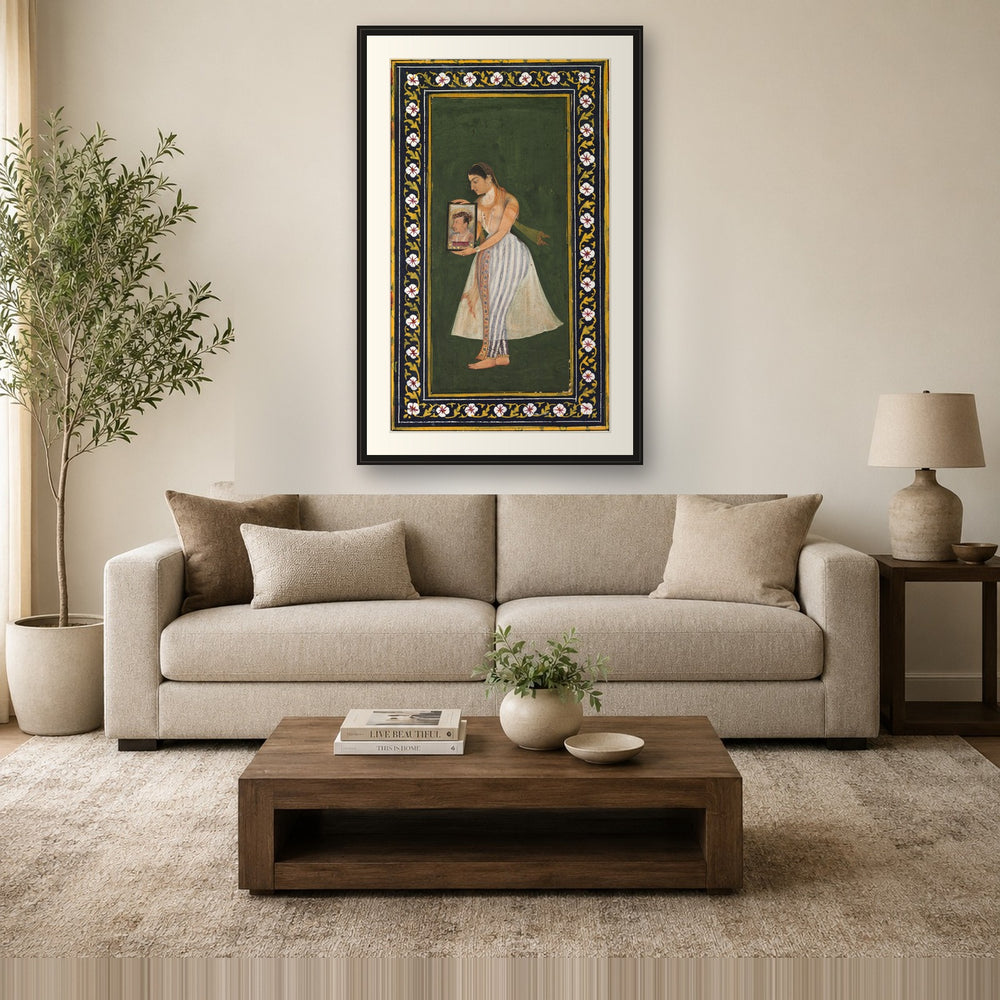 Nur Jahan Holding a Portrait of Jahangir, by Bishandas — Restored Mughal Wall Art — view 2