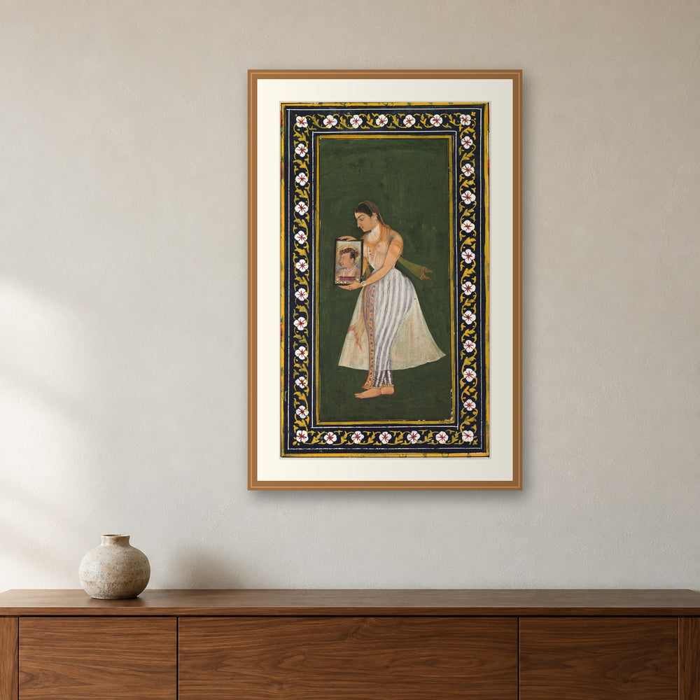 Nur Jahan Holding a Portrait of Jahangir, by Bishandas — Restored Mughal Wall Art — view 3