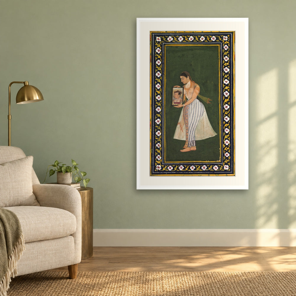 Nur Jahan Holding a Portrait of Jahangir, by Bishandas — Restored Mughal Wall Art — view 4