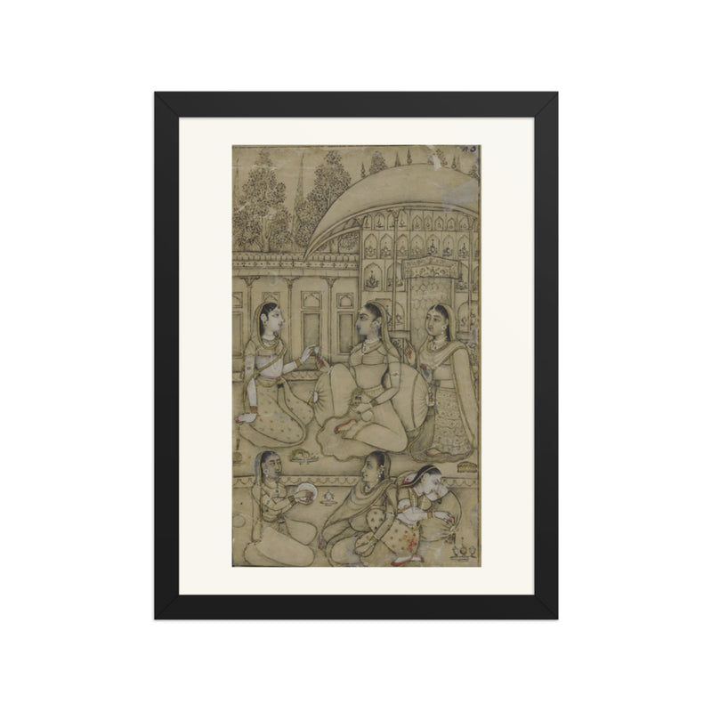 A lady and attendants seated in a courtyard