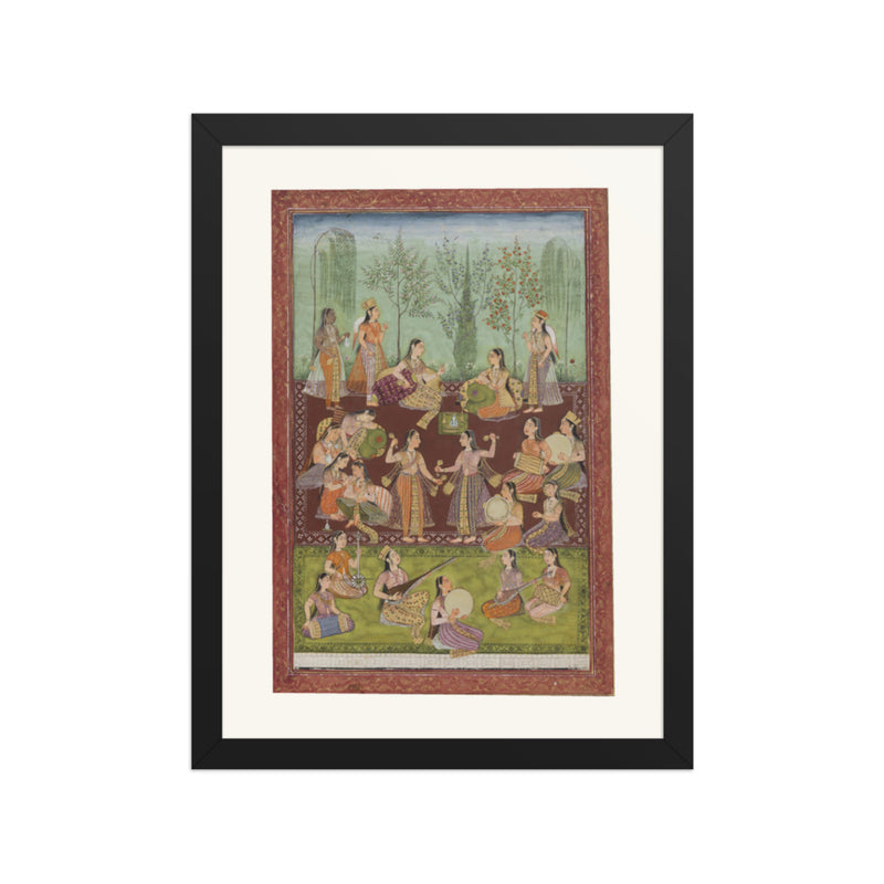 A group of women in a garden, entertaining themselves with music