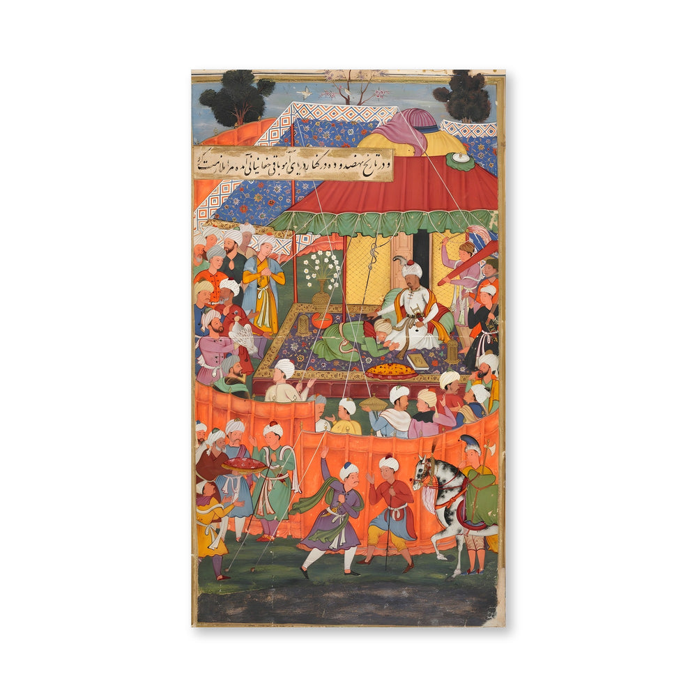 Babur receiving Baqi Chaghaniani in his encampment on the banks — view 4