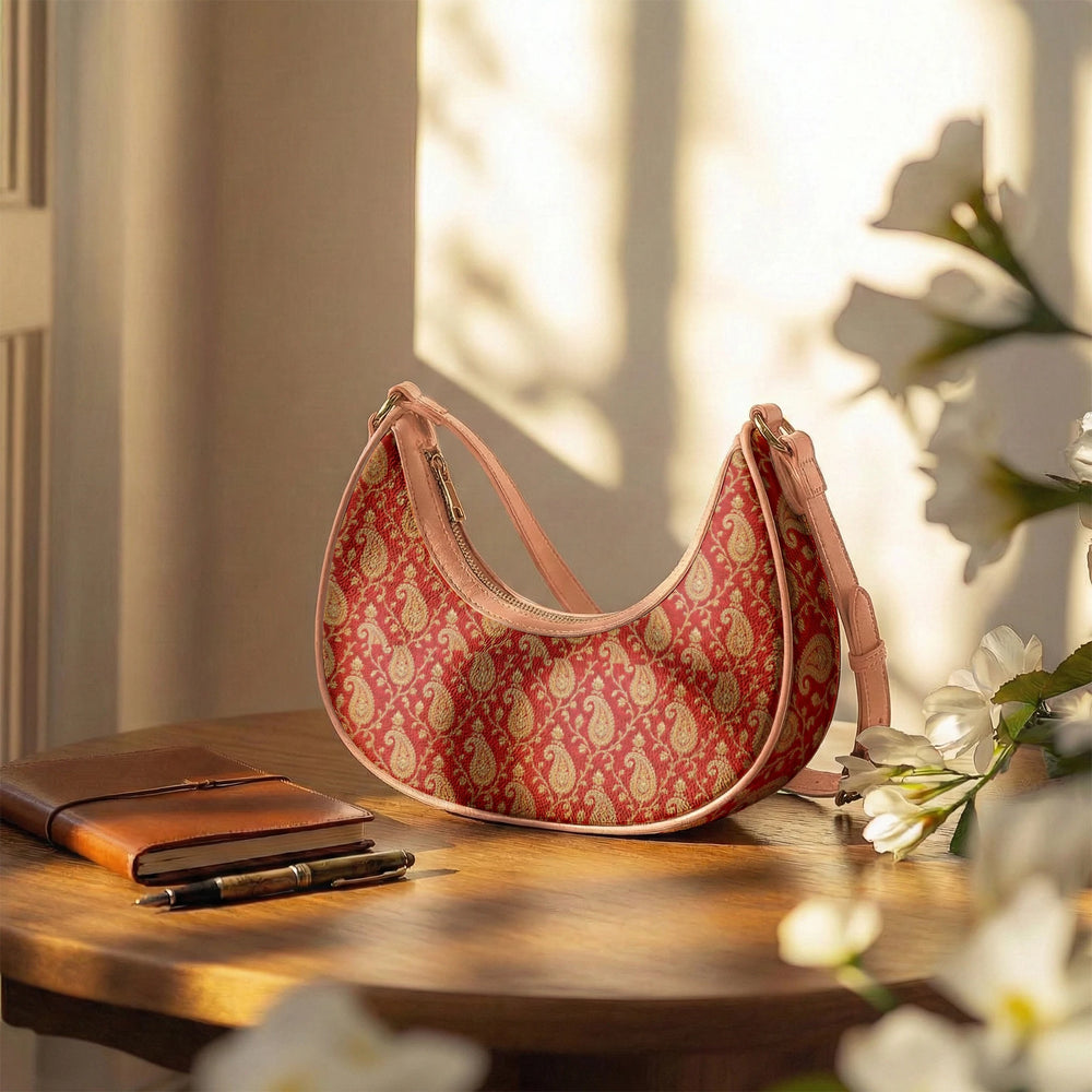 Zari Buti — Red & Gold Crescent Shoulder Bag — view 12